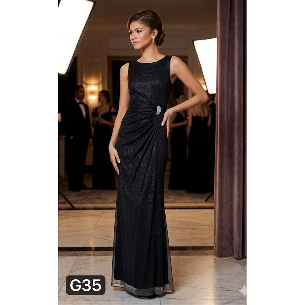 SLNY Macy's NWT Black Shimmer Ruched Faux-Wrap Maxi Gown Sz 10 Wedding Prom Gala